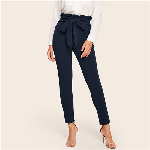 Ladies Solid Skinny Paperbag High Waist Pants Belt