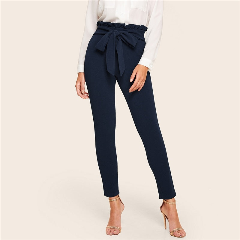 Ladies Solid Skinny Paperbag High Waist Pants Belt