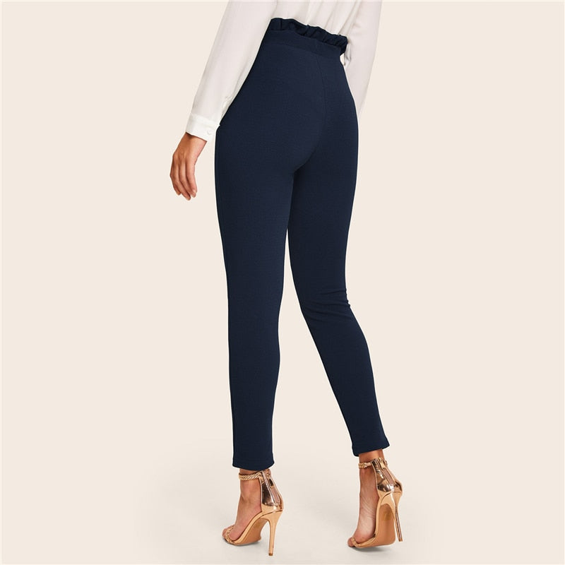 Ladies Solid Skinny Paperbag High Waist Pants Belt