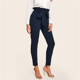 Ladies Solid Skinny Paperbag High Waist Pants Belt