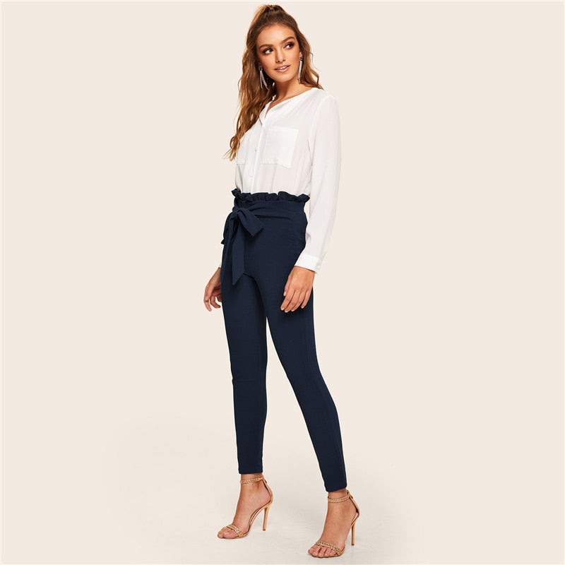 Ladies Solid Skinny Paperbag High Waist Pants Belt