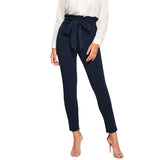 Ladies Solid Skinny Paperbag High Waist Pants Belt