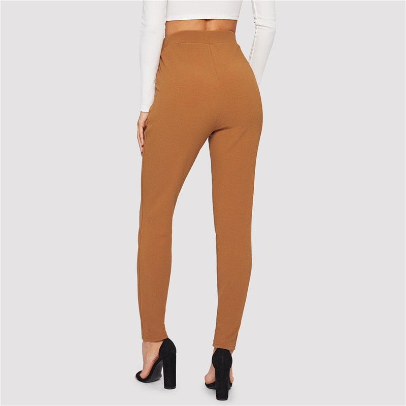 Mid Waist Classic Waist Long Capri Pant Trouser Brown