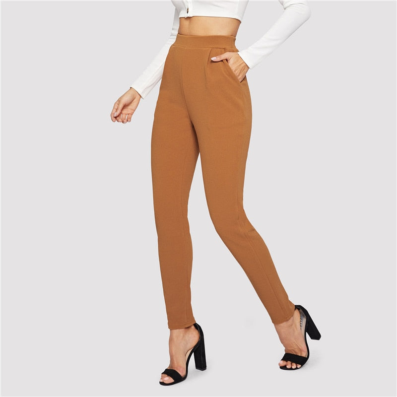 Mid Waist Classic Waist Long Capri Pant Trouser Brown