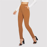 Mid Waist Classic Waist Long Capri Pant Trouser Brown