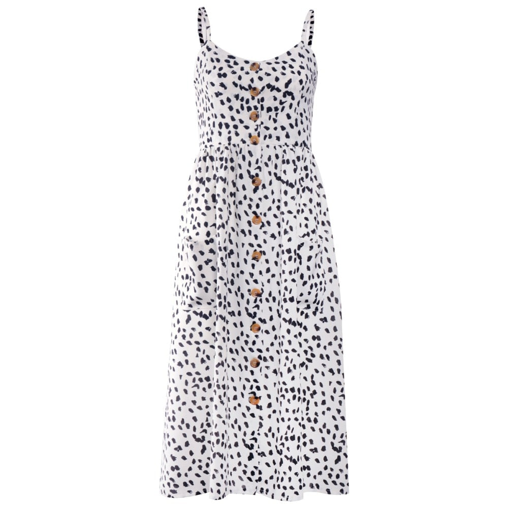 Elegant V Neck Mid Party Leopard Strap Sleeveless Sun Dress