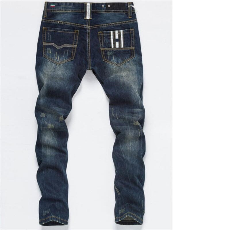 Men Straight Dark Blue Color Printed Slight Ripped  Denim Premium Jeans 2019