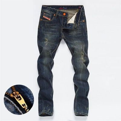 Men Straight Dark Blue Color Printed Slight Ripped  Denim Premium Jeans 2019