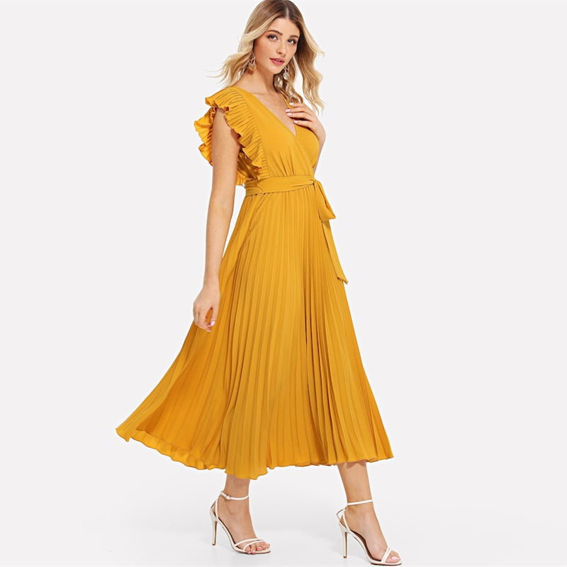 V Neck Wrap Belted Elegant High Waist Casual and Party Wear Dress