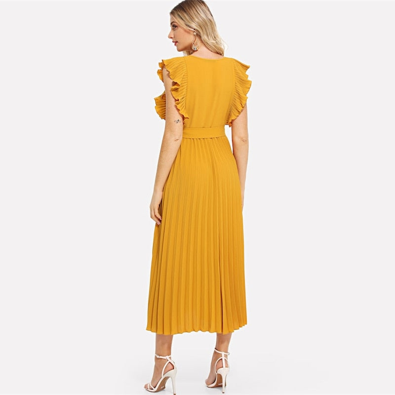 V Neck Wrap Belted Elegant High Waist Casual and Party Wear Dress