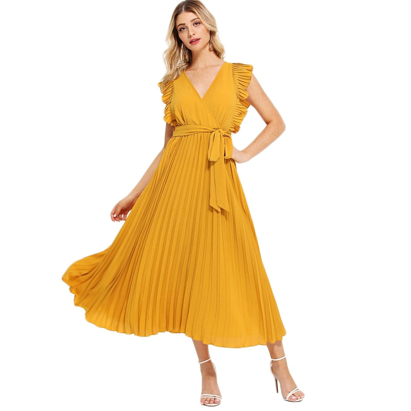 V Neck Wrap Belted Elegant High Waist Casual and Party Wear Dress