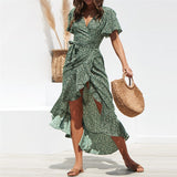 Ruffle Wrap Causal Liliy Floral Boho Style Tye Dye Maxi Dress