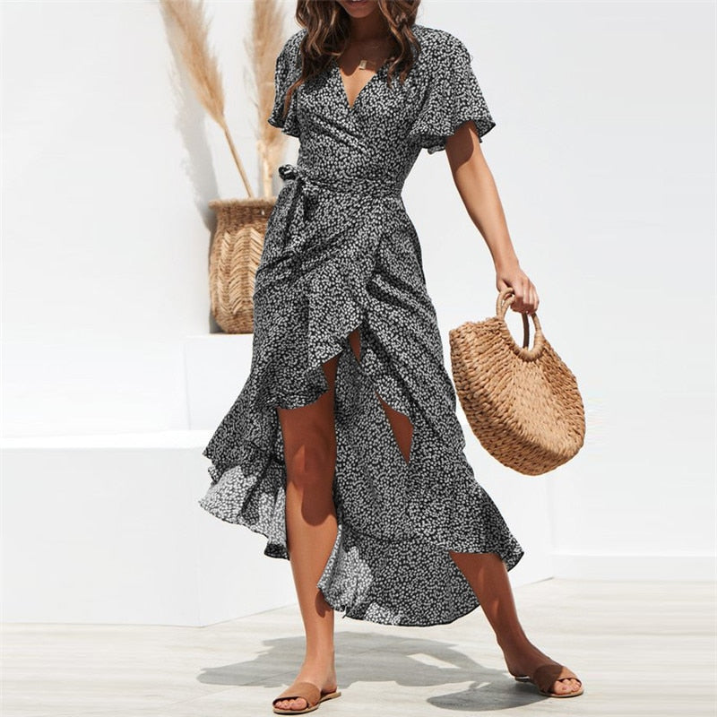Ruffle Wrap Causal Liliy Floral Boho Style Tye Dye Maxi Dress