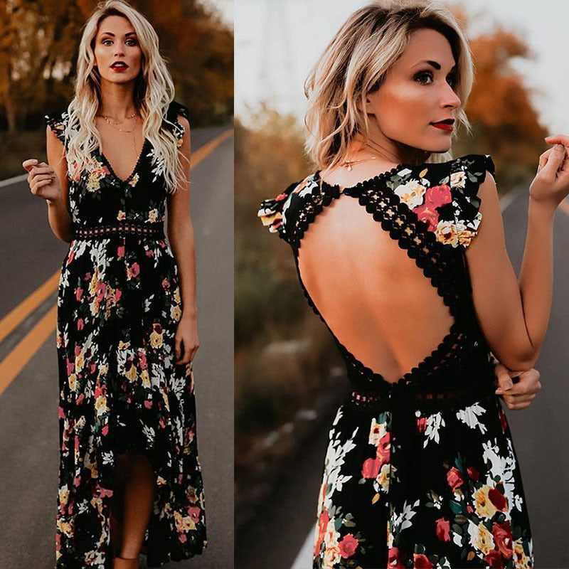V Neck Sleeveless Floral Boho Maxi Elegant Style Holiday and Sunny day Dress