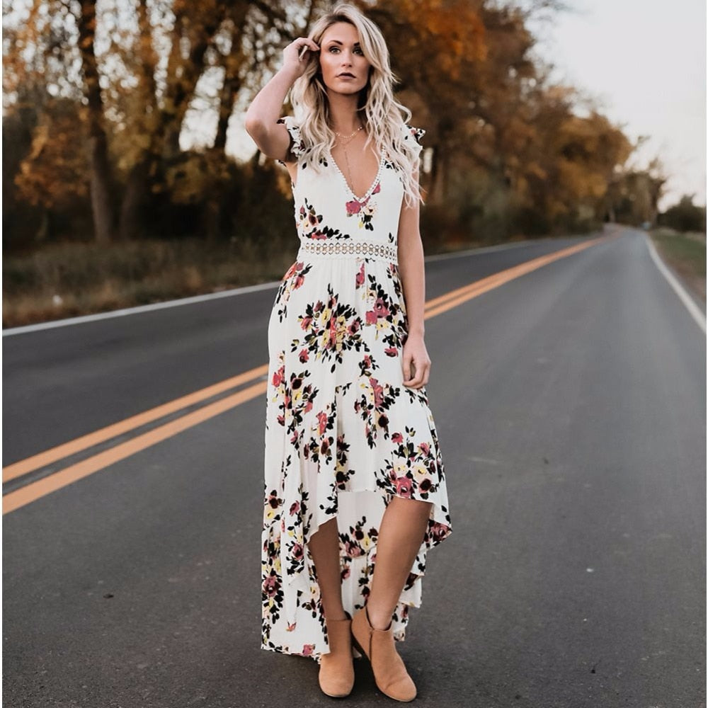 V Neck Sleeveless Floral Boho Maxi Elegant Style Holiday and Sunny day Dress