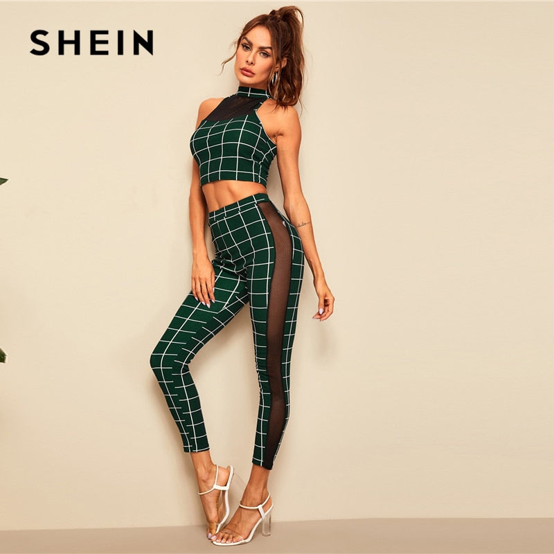 Insert Halterneck Grid Crop Fitted Top and Leggings Set Women Summer Outing Style