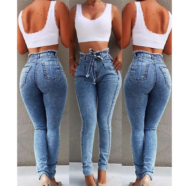 Bodycon Ladies High Waist Denim Jeans With Belt Bandage