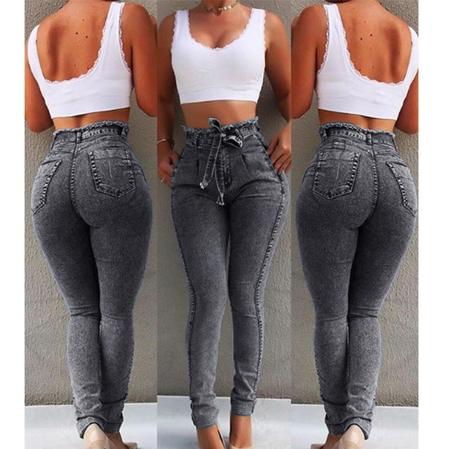 Bodycon Ladies High Waist Denim Jeans With Belt Bandage