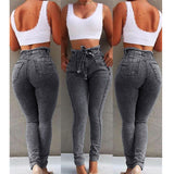 Bodycon Ladies High Waist Denim Jeans With Belt Bandage