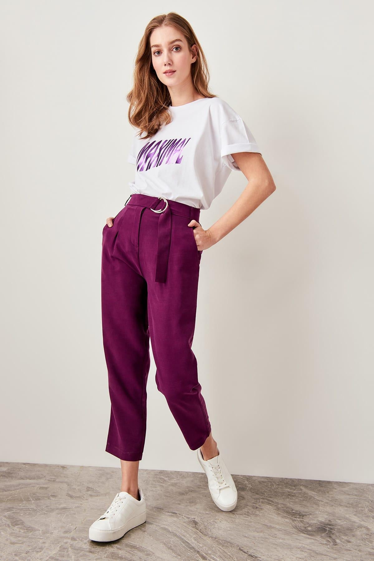 Ladies Plum Arched Lyocell Pants With Belt