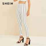 The Basic  Style White High Waist Striped Crop Leggings Women Spring Summer Fall 2019 Work wear