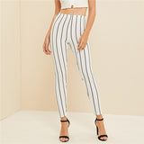 The Basic  Style White High Waist Striped Crop Leggings Women Spring Summer Fall 2019 Work wear