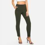 Army Green Elastic High Waist Solid Textured Elegant Pants For Outwear