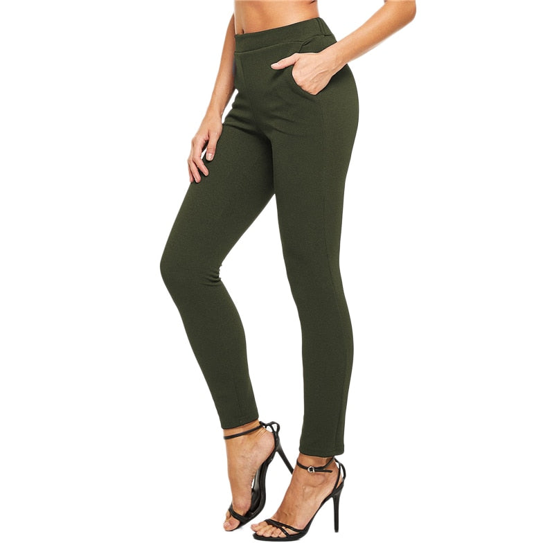 Army Green Elastic High Waist Solid Textured Elegant Pants For Outwear