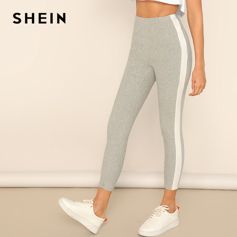 High Waist Sporting Stretchy Workout Leggings Grey Contrast With Side Seam Crop Leggings