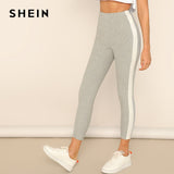 High Waist Sporting Stretchy Workout Leggings Grey Contrast With Side Seam Crop Leggings