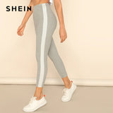 High Waist Sporting Stretchy Workout Leggings Grey Contrast With Side Seam Crop Leggings