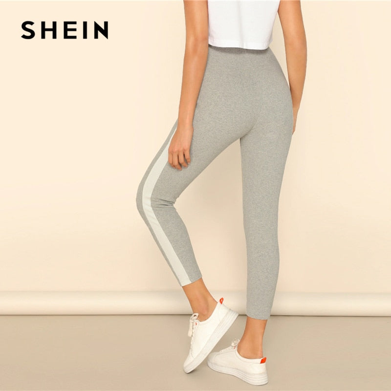 High Waist Sporting Stretchy Workout Leggings Grey Contrast With Side Seam Crop Leggings