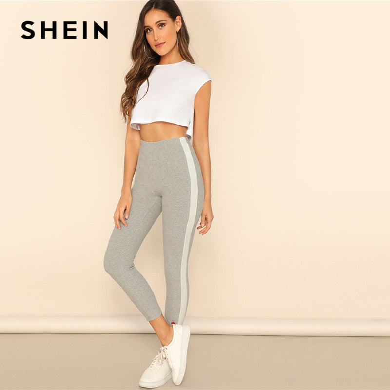 High Waist Sporting Stretchy Workout Leggings Grey Contrast With Side Seam Crop Leggings