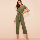 Full Length With High Quality Cotton Army Green Women Full Set Belted Jumpsuit With Zip Front Pocket