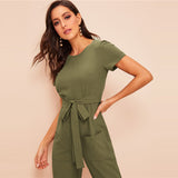 Full Length With High Quality Cotton Army Green Women Full Set Belted Jumpsuit With Zip Front Pocket