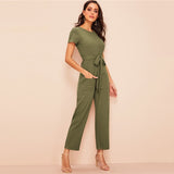 Full Length With High Quality Cotton Army Green Women Full Set Belted Jumpsuit With Zip Front Pocket