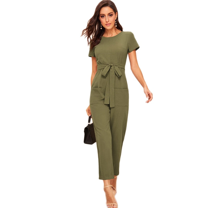 Full Length With High Quality Cotton Army Green Women Full Set Belted Jumpsuit With Zip Front Pocket