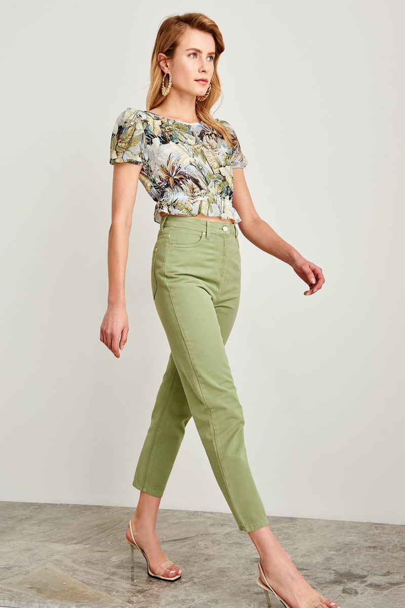 Elegant Khaki High Waist Mom Jeans For Regular Wear To Special Event