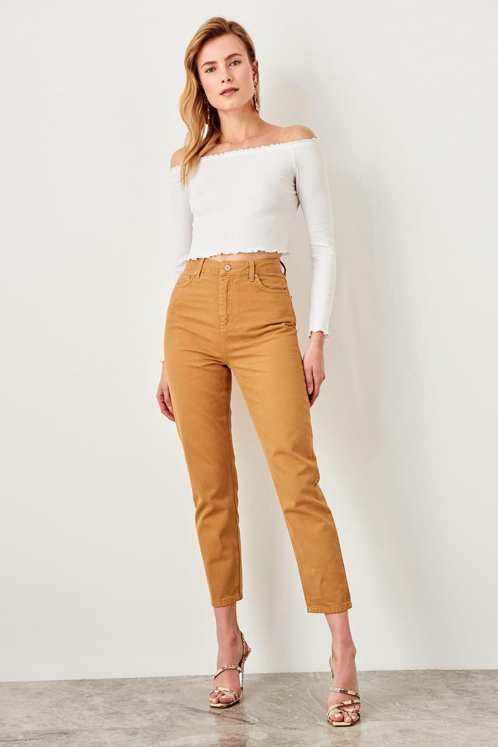 Elegant Khaki High Waist Mom Jeans For Regular Wear To Special Event