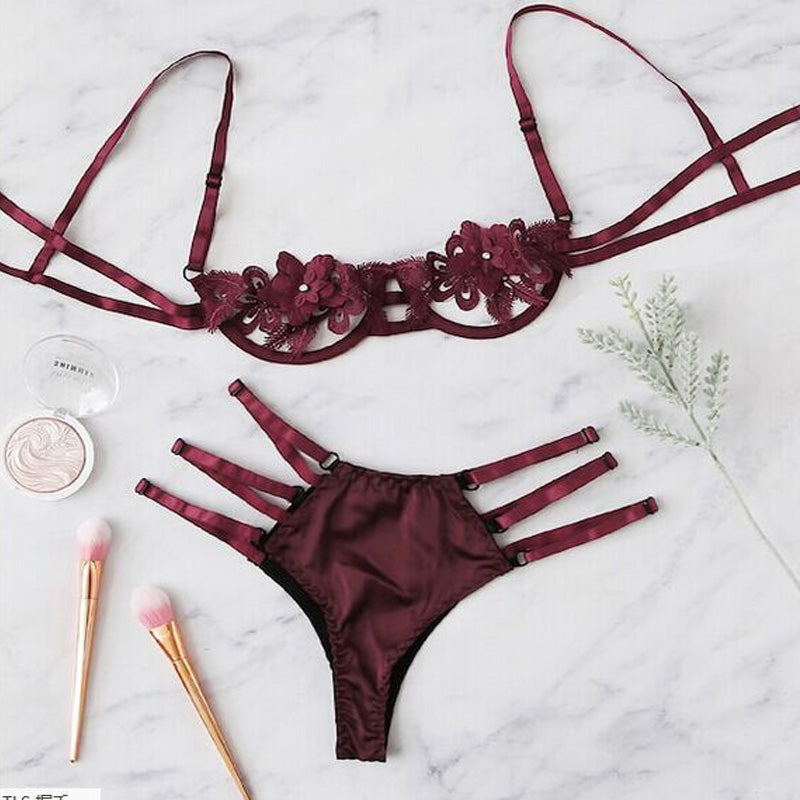 G string unpadded lace up lingerie set 2019