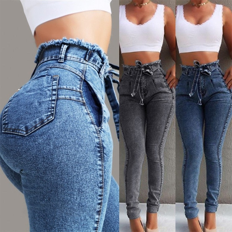Bodycon Ladies High Waist Denim Jeans With Belt Bandage