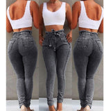Bodycon Ladies High Waist Denim Jeans With Belt Bandage