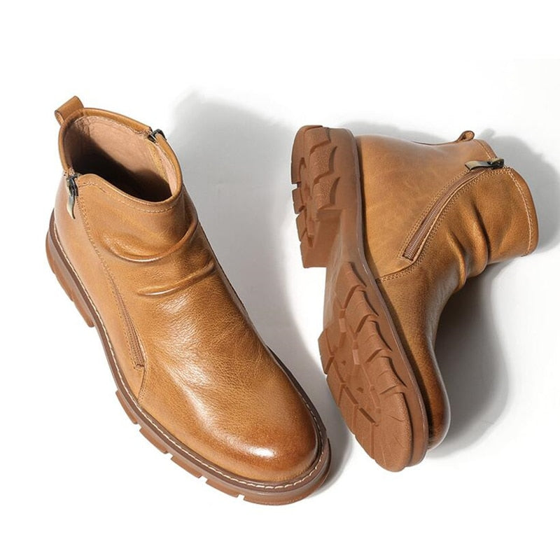 Grain Leather Chelsea Business Thick Heel Ankle Boot Brown