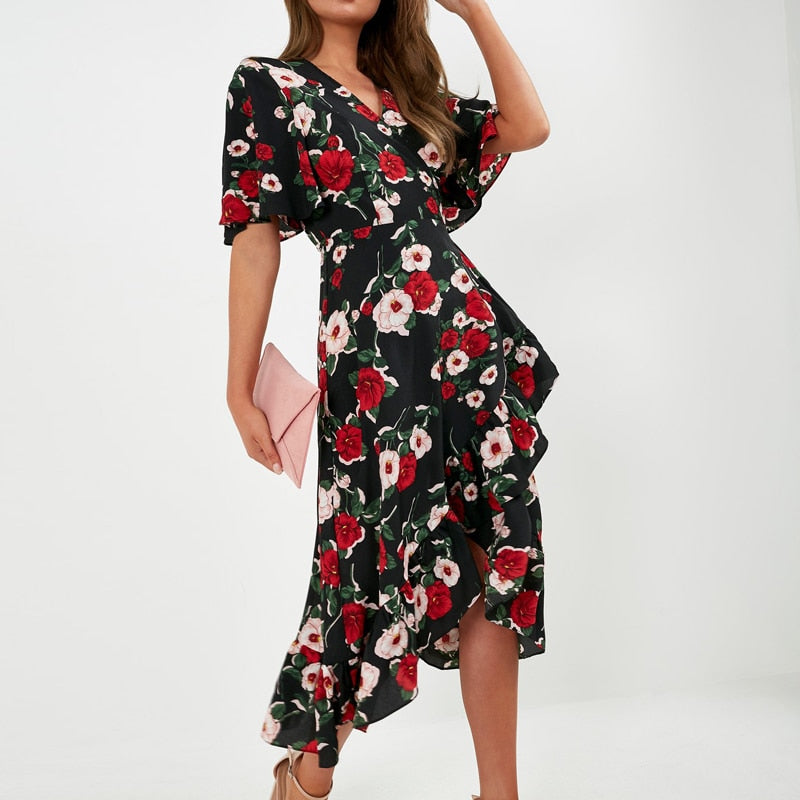 Women Summer Ruffle Dress With Red & White Mixed Color