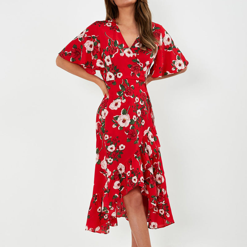 Women Summer Ruffle Dress With Red & White Mixed Color
