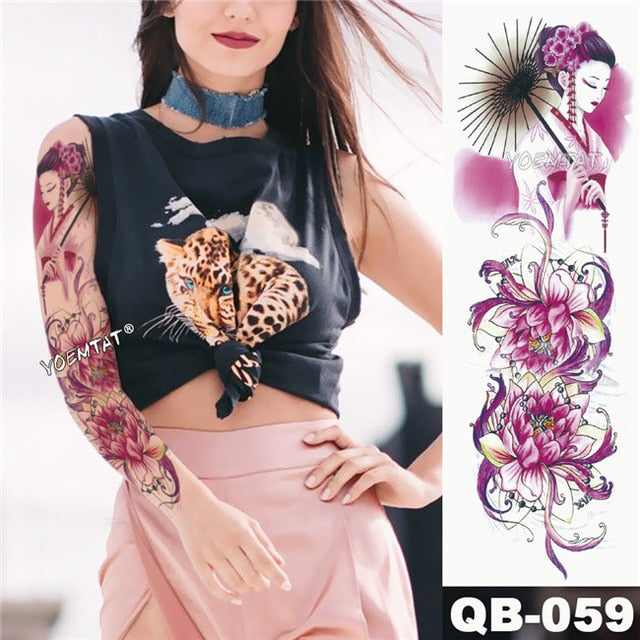 Large Arm Sleeve Tattoo Japanese Geisha Snake Waterproof Temporary Tatto Sticker Lotus Peacock Girl Tatoo Body Art Women