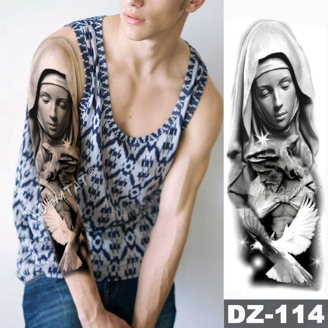 Large Arm Sleeve Tattoo Angel Wings Pigeon Jesus Waterproof Temporary Tattoo Sticker Holy Holiness Men Full Skull Totem Tattoo