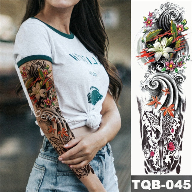 Large Arm Sleeve Tattoo Japanese Geisha Snake Waterproof Temporary Tatto Sticker Lotus Peacock Girl Tatoo Body Art Women