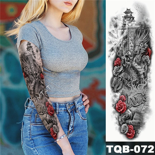Large Arm Sleeve Tattoo Japanese Geisha Snake Waterproof Temporary Tatto Sticker Lotus Peacock Girl Tatoo Body Art Women