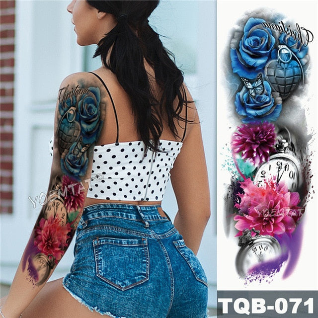 Large Arm Sleeve Tattoo Japanese Geisha Snake Waterproof Temporary Tatto Sticker Lotus Peacock Girl Tatoo Body Art Women